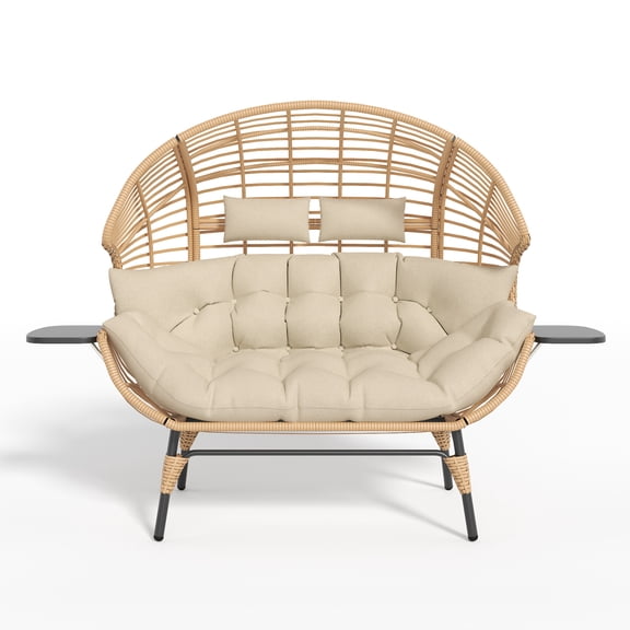 CHINNLUU Double Egg Chair Indoor Outdoor Stationary Oversized Thicken Padded Cushions,2 Person Egg Loveseat Chair, Extra Large Lounge Chair for Patio Balcony Porch - (Beige Radial)