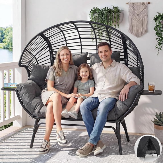 CHINNLUU Double Wicker Egg Chair Outdoor Indoor - 2-Person Oversized Loveseat with 8" Thickened Paded Cushion - 700 lbs Weight Capacity Patio Lounge Chair for Balcony Porch Backyard - (Black Radial)