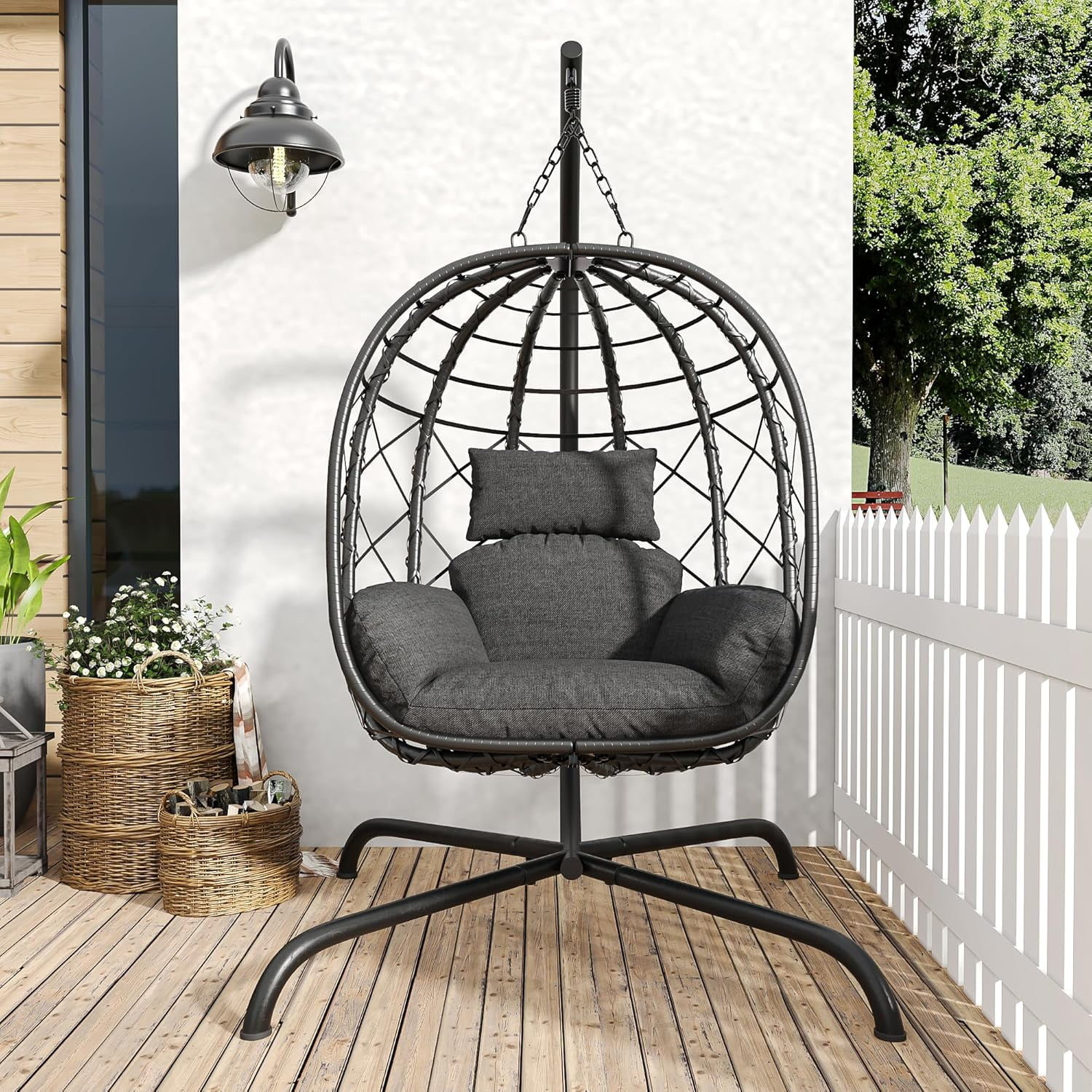CHINNLUU Hanging Egg Chair with Stand, Outdoor Indoor Wicker Swing Chair with Cushions, 350lbs Capacity Patio Hammock Chair for Backyard, Balcony, Dark Gray