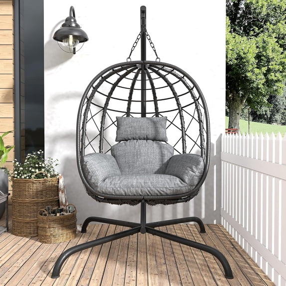 CHINNLUU Hanging Egg Chair with Stand, Outdoor Indoor Wicker Swing Chair with Cushions, 350lbs Capacity Patio Hammock Chair for Backyard, Balcony, Light Gray