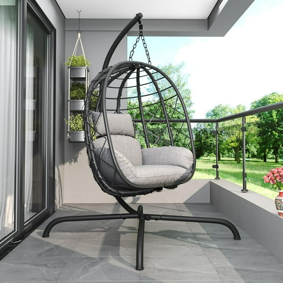 CHINNLUU Hanging Egg Chair with Stand, Outdoor Indoor Wicker Swing Chair with Cushions, 350lbs Capacity Patio Hammock Chair for Backyard, Balcony, Light Gray