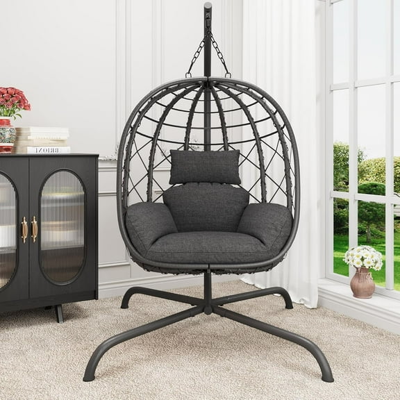 CHINNLUU Hanging Egg Chair with Stand, Outdoor Indoor Wicker Swing Chair with Cushions, 350lbs Capacity Patio Hammock Chair for Backyard, Balcony, Dark Gray