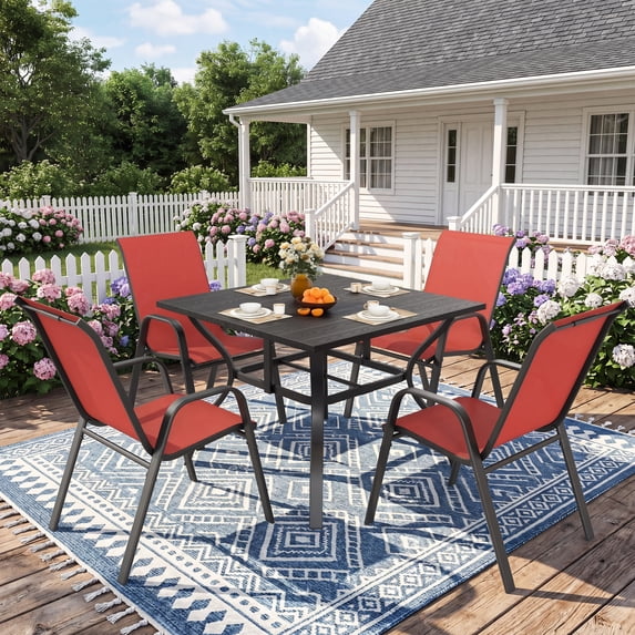 CHINNLUU Outdoor Dining Set for 4,5pcs Patio Table and Chairs Set with Adjustable Umbrella Hole,Heavy Duty 37.8”x37.8” Metal Dining Table and Stackable Patio Chair for Yard, Garden, Porch