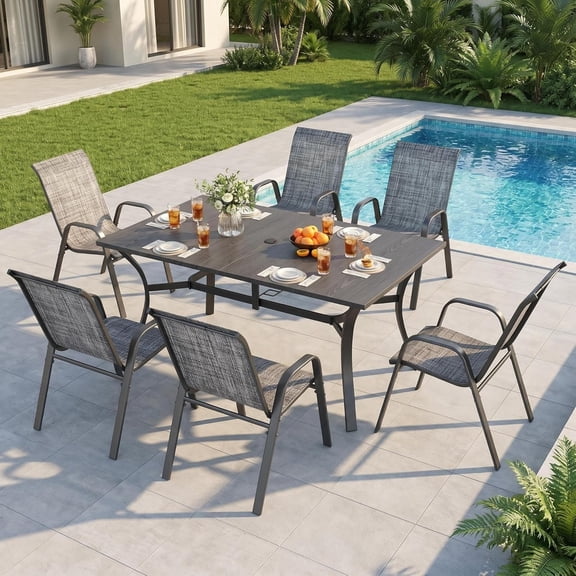CHINNLUU Outdoor Dining Set for 6,7pcs Patio Table and Chairs Set with Adjustable Umbrella Hole,Heavy Duty 63”x37.8” Metal Dining Table and Stackable Patio Chair for Yard, Garden, Porch