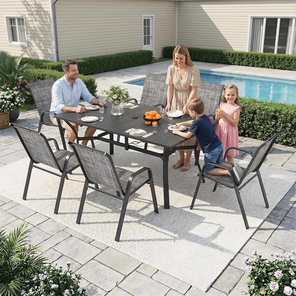 CHINNLUU Outdoor Dining Set for 6,7pcs Patio Table and Chairs Set with Adjustable Umbrella Hole,Heavy Duty 63”x37.8” Metal Dining Table and Stackable Patio Chair for Yard, Garden, Porch