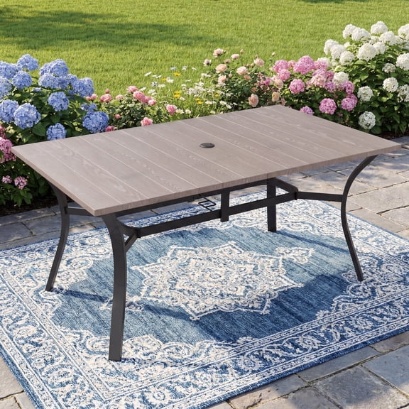 CHINNLUU Outdoor Dining Table for 6,Rectangular Patio Dining Table with Adjustable Umbrella Hole,All-Weather Brown Outdoor Patio Table for Porch, Garden, Backyard, Poolside, Lawn -(63“ x 37.8”Brown)