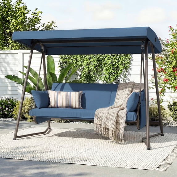 CHINNLUU Oversized 4 Person Porch Swing with Stand 800 LBS Capacity Adjustable Canopy Backrest Includes Cushions Pillows Patio 2 in 1 Swing Bed for Backyard Garden Poolside, Champagne