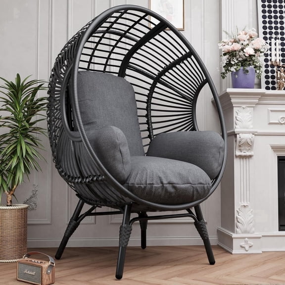 CHINNLUU Oversized Egg Chair with Thick Cushion Ergonomic Wicker Lounge Chair for Living Room, Balcony - 500lbs Capacity Indoor/Outdoor Rattan Patio Chair(Black)