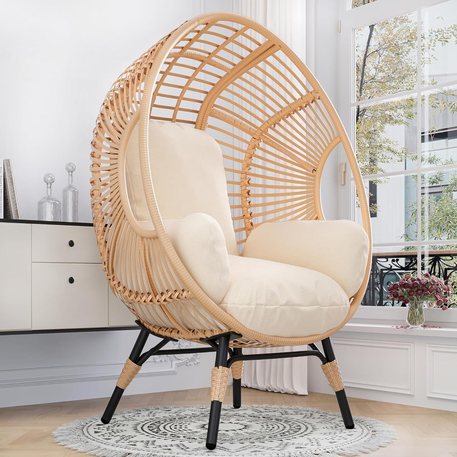 NICESOUL Boho Rattan Egg Chair with Cushion and Footrest for
