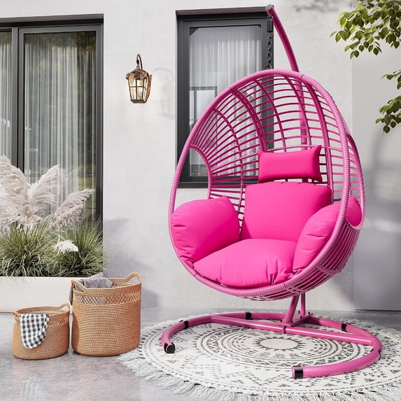 CHINNLUU Oversized Hanging Egg Chair with Stand, Outdoor Indoor Wicker Swing Chair with UV-Resistant Cushions and Rain Cover, 400lbs Capacity Patio Hammock Chair for Backyard, Balcony, Pink