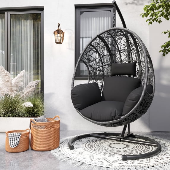 CHINNLUU Oversized Hanging Egg Chair with Stand, Outdoor Indoor Wicker Swing Chair with UV-Resistant Cushions and Rain Cover, 400lbs Capacity Patio Hammock Chair for Backyard, Balcony, Gray