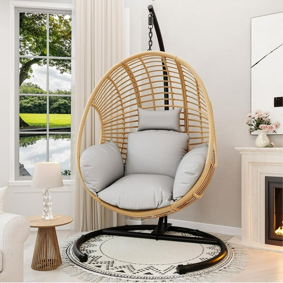 CHINNLUU Oversized Hanging Egg Chair with Stand, Outdoor Indoor Wicker Swing Chair with UV-Resistant Cushions and Rain Cover, 400lbs Capacity Patio Hammock Chair for Backyard, Balcony, Natural