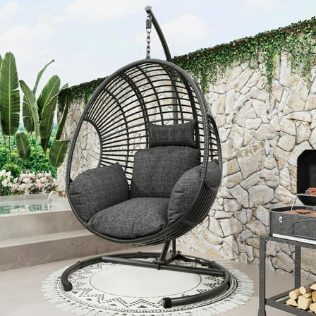 CHINNLUU Oversized Hanging Egg Chair with Stand, Outdoor Indoor Wicker Swing Chair with UV-Resistant Cushions and Rain Cover, 400lbs Capacity Patio Hammock Chair for Backyard, Balcony, Black