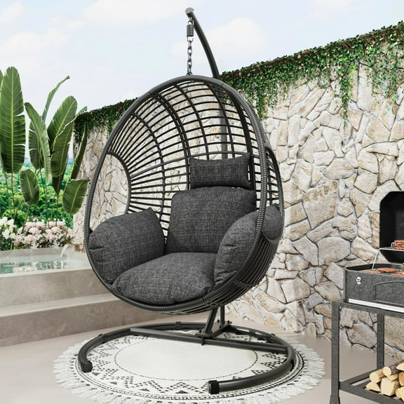 CHINNLUU Oversized Hanging Egg Chair with Stand, Outdoor Indoor Wicker Swing Chair with UV-Resistant Cushions and Rain Cover, 400lbs Capacity Patio Hammock Chair for Backyard, Balcony, Black