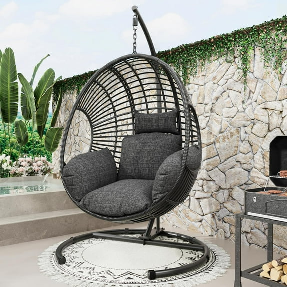 CHINNLUU Oversized Hanging Egg Chair with Stand, Outdoor Indoor Wicker Swing Chair with UV-Resistant Cushions and Rain Cover, 400lbs Capacity Patio Hammock Chair for Backyard, Balcony, Black