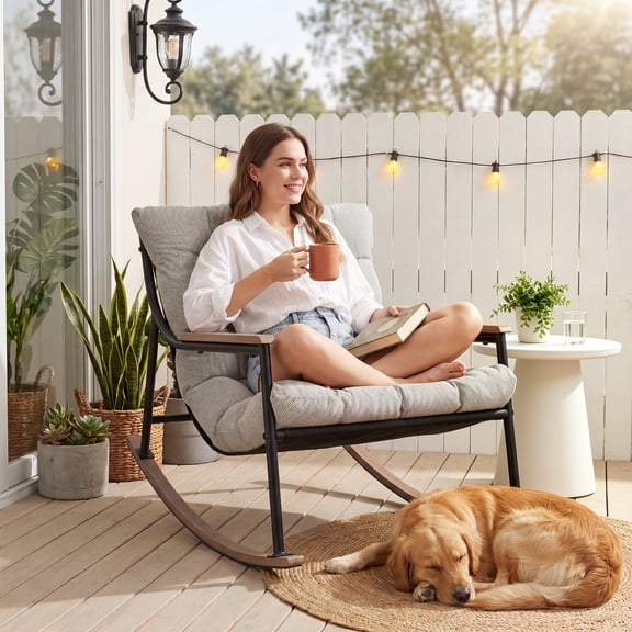 CHINNLUU Papasan Rocking Chair with Cushion, Patio Lounge Chair, Metal Frame Rocker, 450lbs Capacity, Indoor Outdoor Lounge for Garden, Porch, Living Room, Balcony, - Light Gray