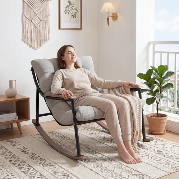 CHINNLUU Papasan Rocking Chair with Cushion, Patio Lounge Chair, Metal Frame Rocker, 450lbs Capacity, Indoor Outdoor Lounge for Garden, Porch, Living Room, Balcony, - Light Gray