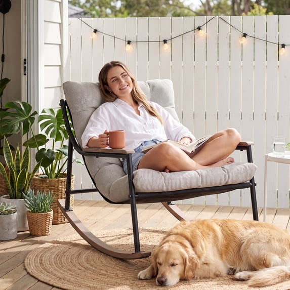 CHINNLUU Papasan Rocking Chair with Cushion, Patio Lounge Chair, Metal Frame Rocker, 450lbs Capacity, Indoor Outdoor Lounge for Garden, Porch, Living Room, Balcony, - Light Gray