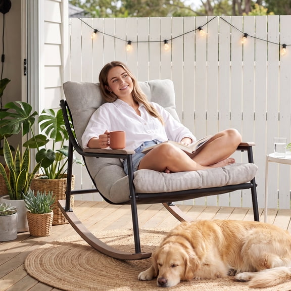 CHINNLUU Papasan Rocking Chair with Cushion, Patio Lounge Chair, Metal Frame Rocker, 450lbs Capacity, Indoor Outdoor Lounge for Garden, Porch, Living Room, Balcony, - Light Gray