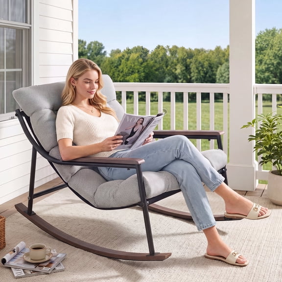CHINNLUU Papasan Rocking Chair with Cushion, Patio Lounge Chair, Metal Frame Rocker, 450lbs Capacity, Indoor Outdoor Lounge for Garden, Porch, Living Room, Balcony, - Light Gray