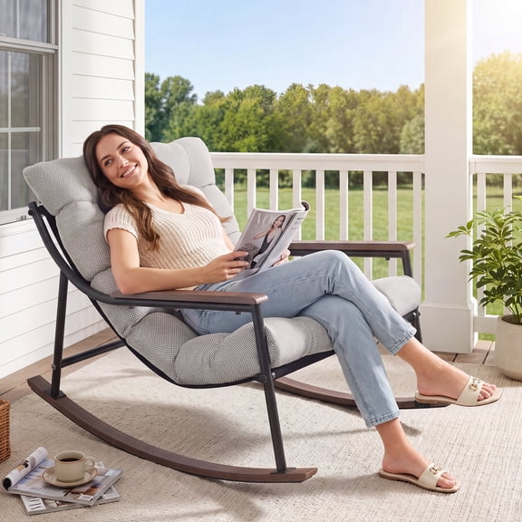 CHINNLUU Papasan Rocking Chair with Cushion, Patio Lounge Chair, Metal Frame Rocker, 450lbs Capacity, Indoor Outdoor Lounge for Garden, Porch, Living Room, Balcony, - Light Gray