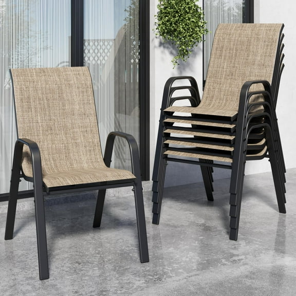 CHINNLUU Patio Dining Chairs Set of 6 Outdoor Stackable Dining Chairs for All Weather 330lbs Capacity Heavy Duty Metal Frame Patio Furniture for Backyard Garden Poolside (Brown)