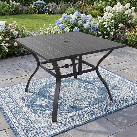 CHINNLUU Patio Outdoor Dining Table, Wood-Grain Patio Square Table with Umbrella Hole, All-Weather Metal Dining Table for Party, Lawn & Garden - (37.8“ x 37.8” Black)