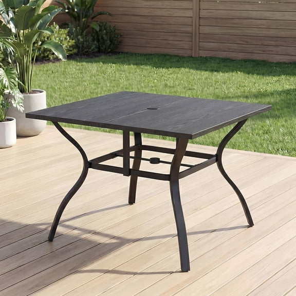 CHINNLUU Patio Outdoor Dining Table, Wood-Grain Patio Square Table with Umbrella Hole, All-Weather Metal Dining Table for Party, Lawn & Garden - (37.8“ x 37.8” Black)