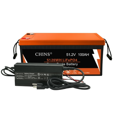 CHINS Bluetooth LiFePO4 Smart 48V 100AH Lithium Battery+ 48V 10A Lithium Battery Charger for Golf Cart, Trolling Motor, Marine, Peak Current 500A