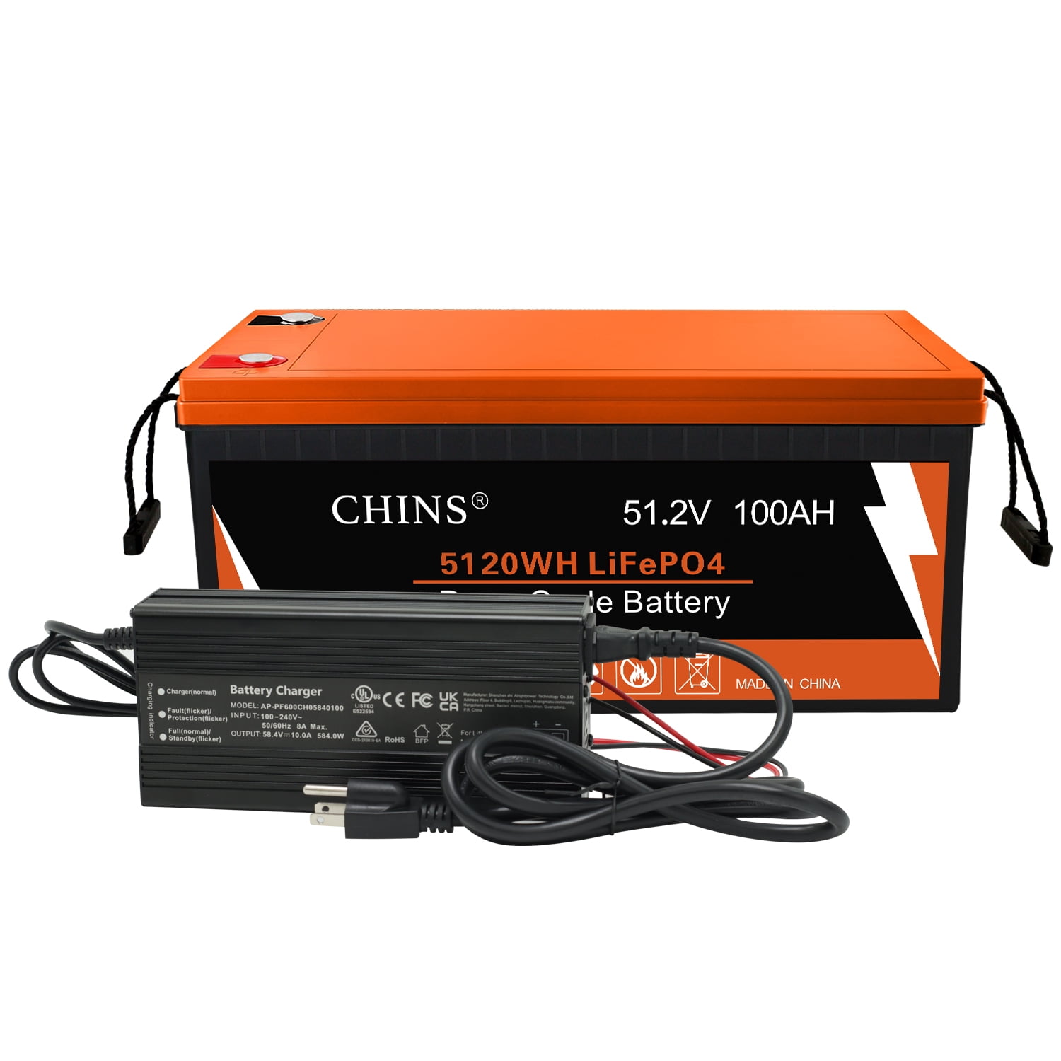CHINS Bluetooth LiFePO4 Smart 48V 100AH Lithium Battery+ 48V 10A
