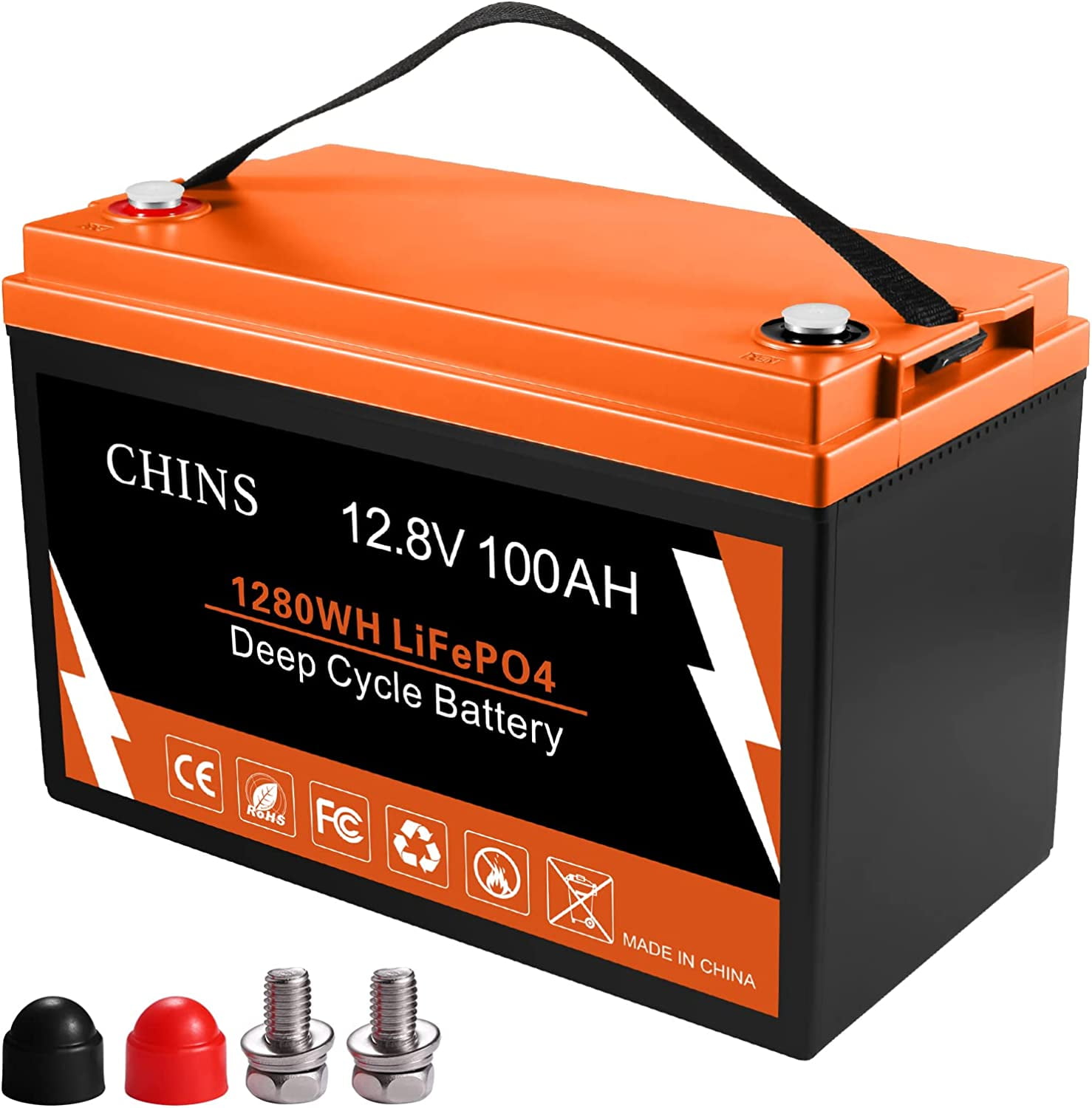 CHINS Smart LiFePO4 Lithium Iron Battery 12.8V 100Ah for Boat Fishing 