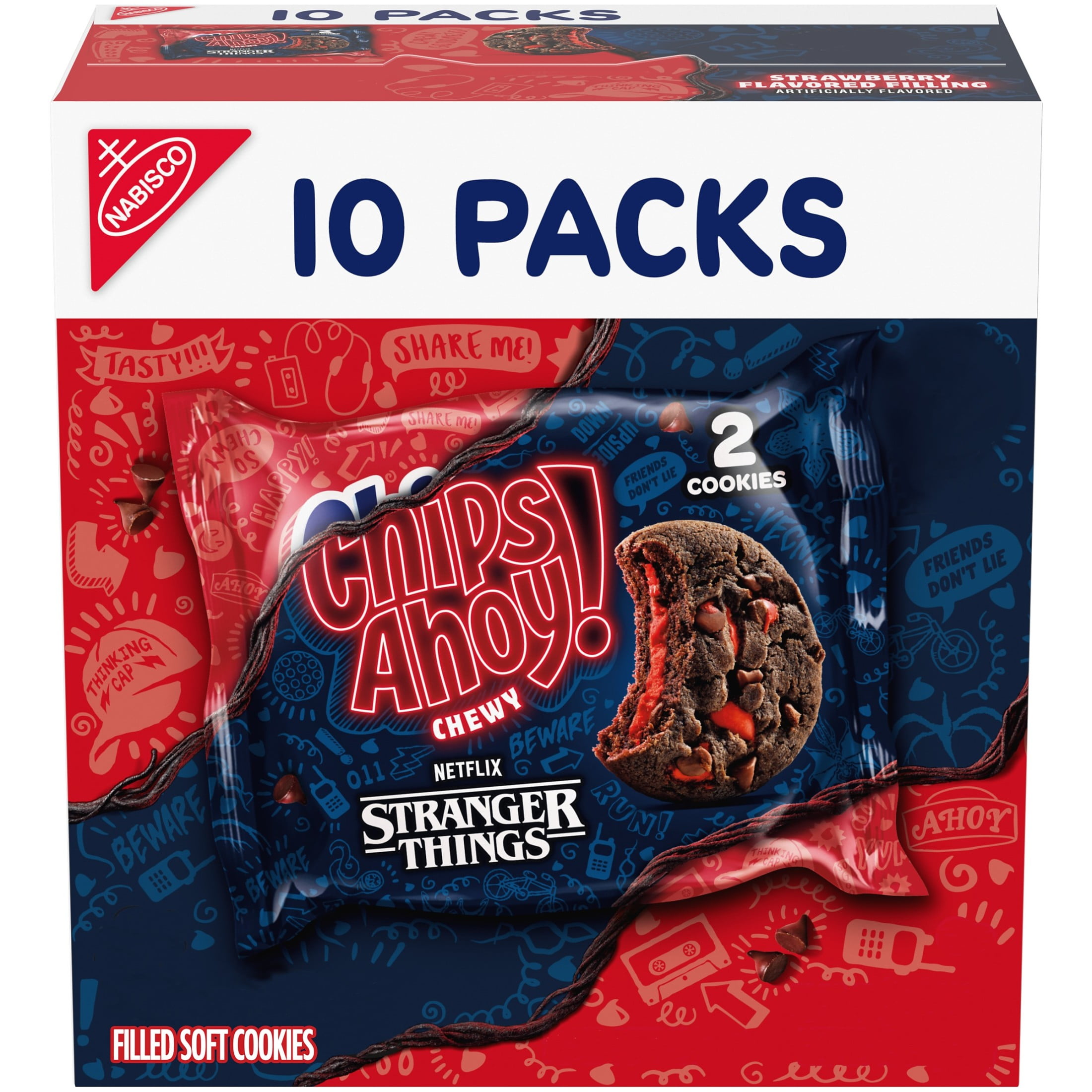 CHIPS AHOY! Stranger Things Chewy Chocolatey Strawberry-Flavored Filled Soft Cookies, 10 Snack Packs