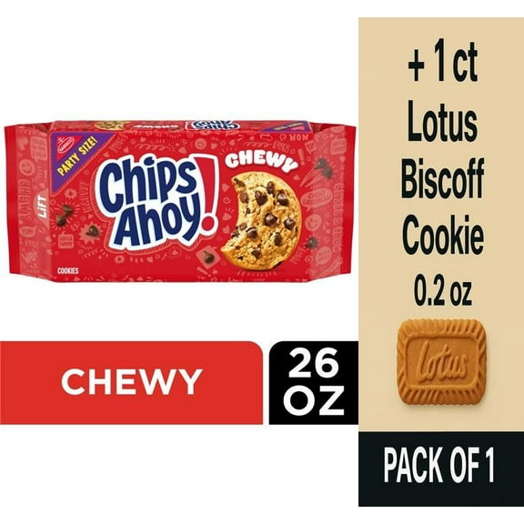 CHIPS AHOY! Chewy Chocolate Chip Cookies Party Size 26 oz - Pack of 1 & Lotus Biscoff Cookie - 0.2 Oz - 1 ct