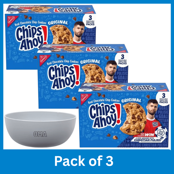 CHIPS AHOY! Chocolate Chip Cookies Family Size, 18.2 oz Packs, Pack of 3 with Serving Bowl by OMA