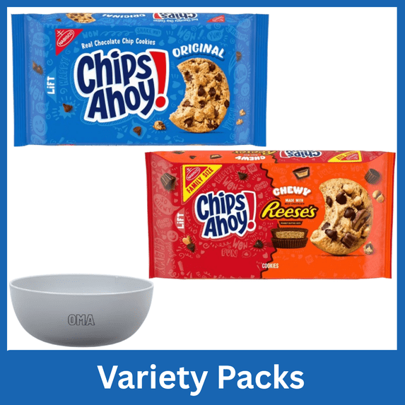 CHIPS AHOY! Original Chocolate Chip Cookies 13 oz & Chewy Chocolate Chip Cookies with Reese’s Peanut Butter Cups 14.25 oz Variety Pack Bundle with Free Bowl by OMA