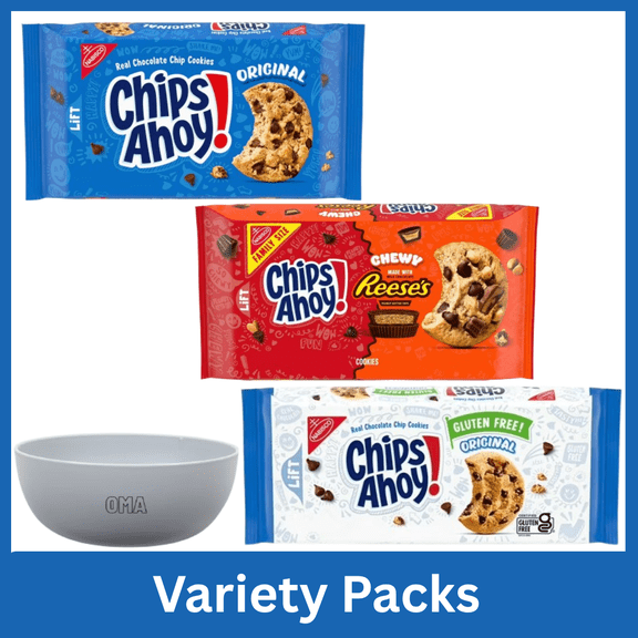 CHIPS AHOY! Original Chocolate Chip Cookies 13 oz & Chewy Reeses Peanut Butter Cup Cookies 14.25 oz & Original Gluten Free Chocolate Chip Cookies 9.31 oz Variety Pack Bundle with Free Bowl by OMA