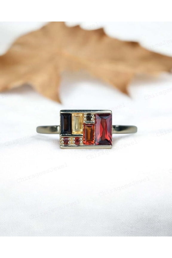 0.5ct /3X6MM Baguette Cut Garnet & Citrine And Onyx Box Ring - Multi Gemstone Ring , Proposal Gift for Love