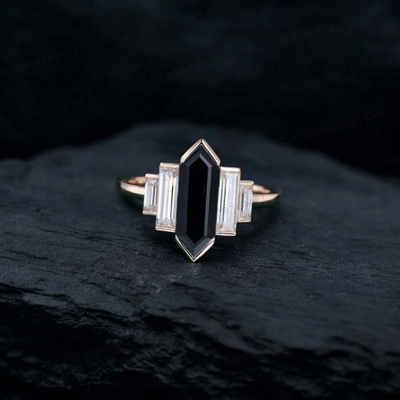 CHIRAGEMSJEWEL 12x5 MM / Hexagon Cut Natural Onyx Womn Ring Women Diamond Promise Ring Bezel St Stacking Ring Art Deco Staement Gift Ring