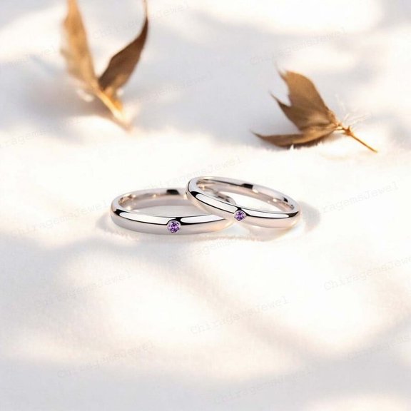 CHIRAGEMSJEWEL 2MM / 0.2MM Round Shape Purple Amethyst Anime Inspired Band, Pair Of Couple Band - Proposal Gift for Love