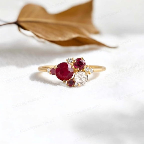 CHIRAGEMSJEWEL 4MM /0.25Ct Round Shape Garnet Engagement Ring - January Birthstone Diamond Cluster Ring , Wedding Gift for Bridal