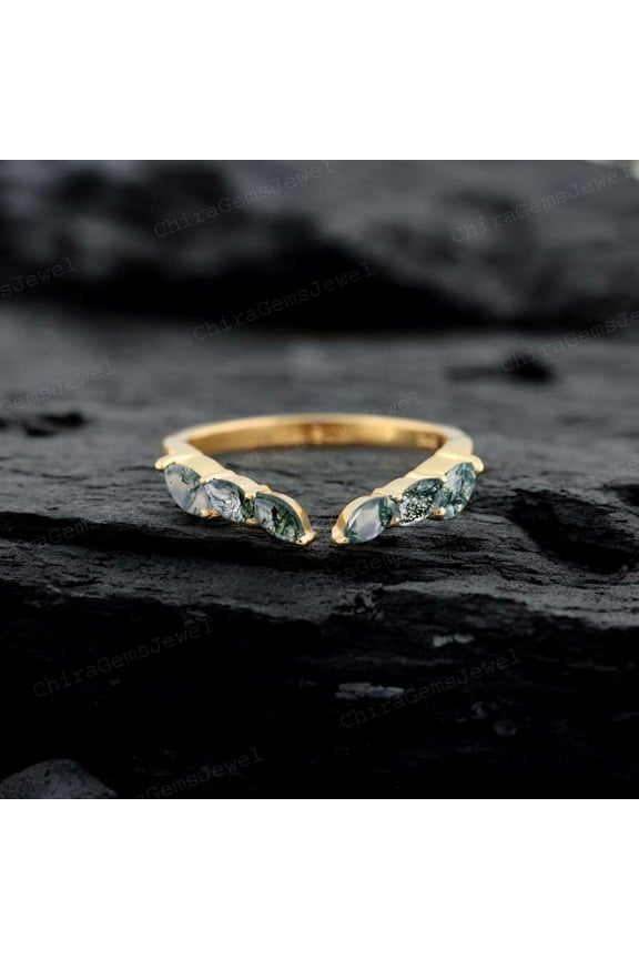 4X2 MM /0.5 Ct Moss Agate Wedding Bridal Band - Marquise Cut Gemstone Adjustable Band Promise Gift for love