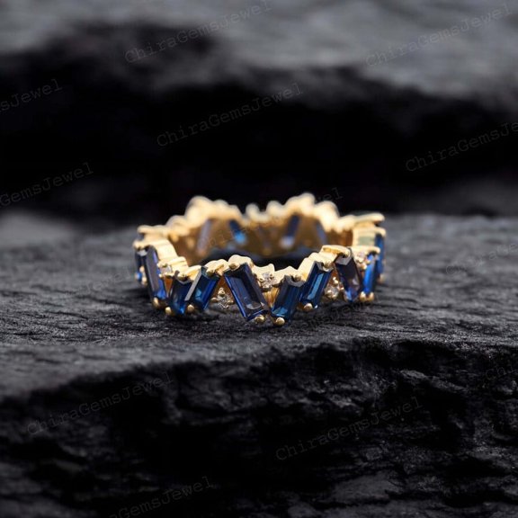 CHIRAGEMSJEWEL 4X2MM / 0.5ct Baguette Cut Blue Sapphire Full Eternity Band, September Birthstone Diamond Stacking Band Gift for Sister