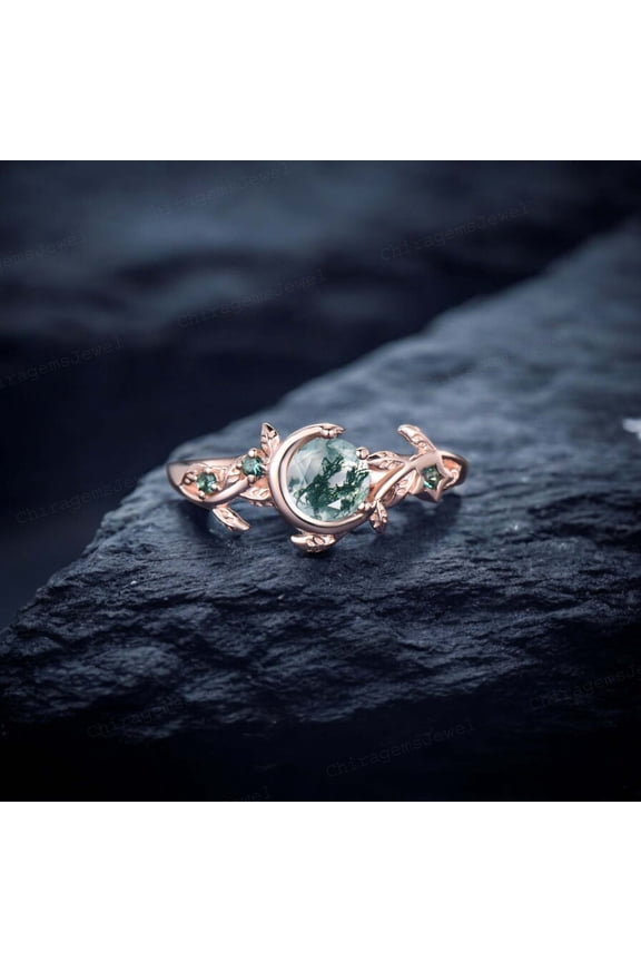 5 MM / Natural Moss Agate Engagement Ring Nature Inspired Cluster Promise Ring Green Gemstone Branch Bridal Ring Yellow Goild Gift Jewelry