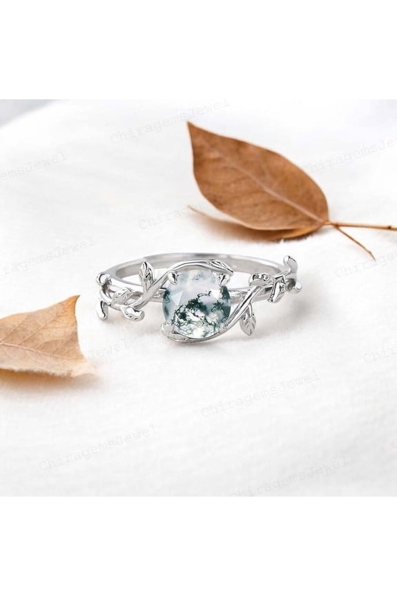 5MM / 0.75ct Round Shape Green Moss Agate Nature Inspired Leaf Ring - Natural Gemstone Solitaire Ring Valentine's Day Gift for Love