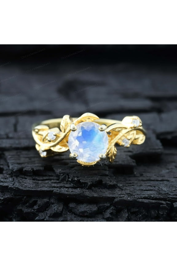 5MM / 1 ct Round Shape Moonstone Engagement Ring , Yellow Gold plated Diamond Leaf Ring Promise Gift For Love