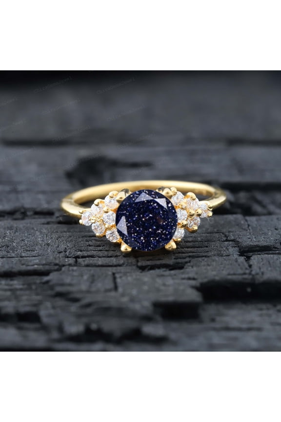 5MM / 1 ct Round Shape Sandstone & Diamond Cluster Ring , Art Deco Bridal Jewelry Christmas Gift for Love