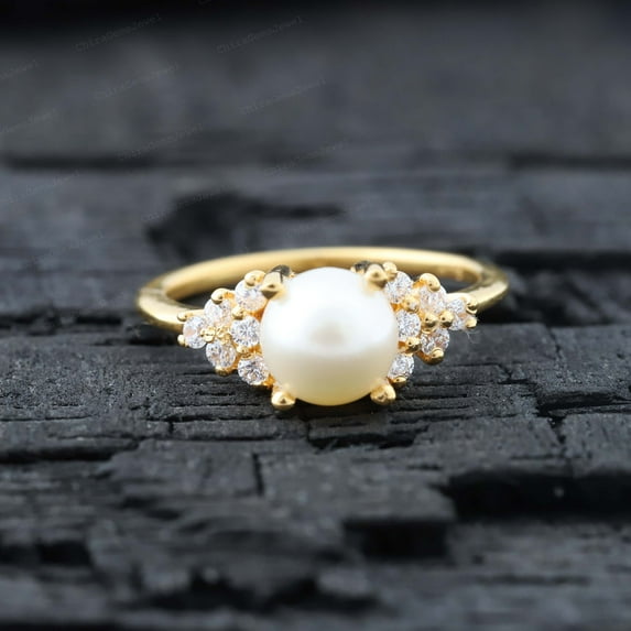 CHIRAGEMSJEWEL 6 MM / 1.5 Ct Freshwater Pearl Engagement Ring - Diamond Cluster Ring Christmas Gift for Love