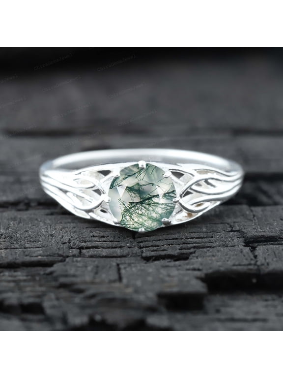 6 MM / 1 Ct Moss Agate Engagement Ring - Natural Gemstone Statement Ring Chrismtas Gift For Wife