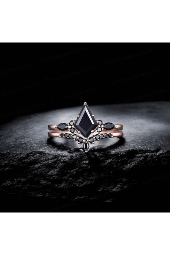 7x5 MM / Kite Cut Natural Onyx Engagement Ring Set Unique Curved Matching Band Art Deco Stackable Ring Birthday Gift For Mom