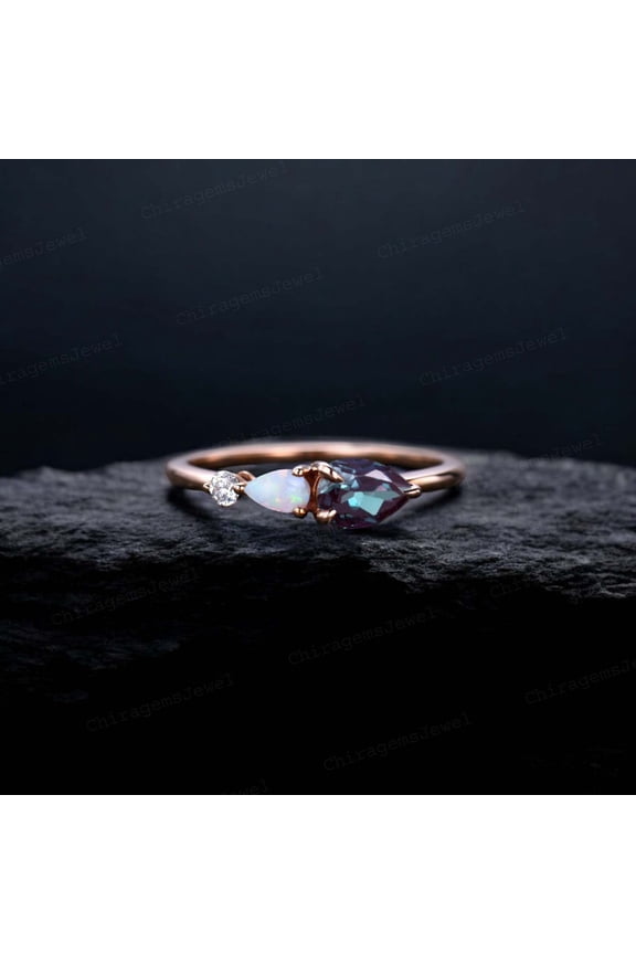 7x5 MM / Pear Cut Alexandrite Engagement Ring Diamond Opal Promise Ring Art Deco Statement Gift Rose Gold Personalized Jewelry
